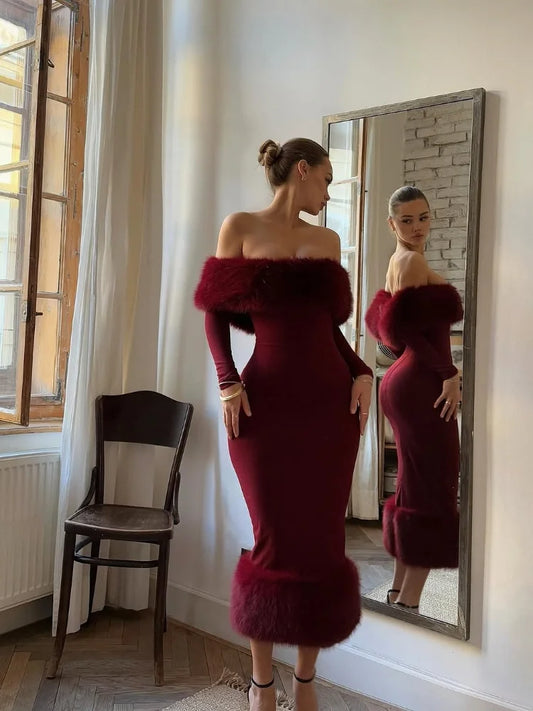 Faux Fur Off-Shoulder Full Sleeve Dress